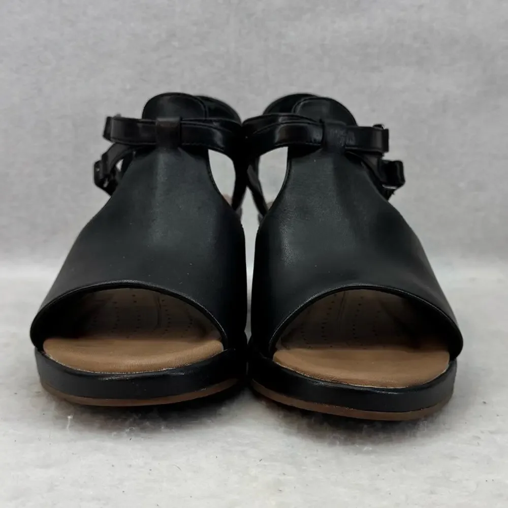 EUC Clarks Unstructured Black Leather Wedges Shoes Heels size 8.5 Worn Once